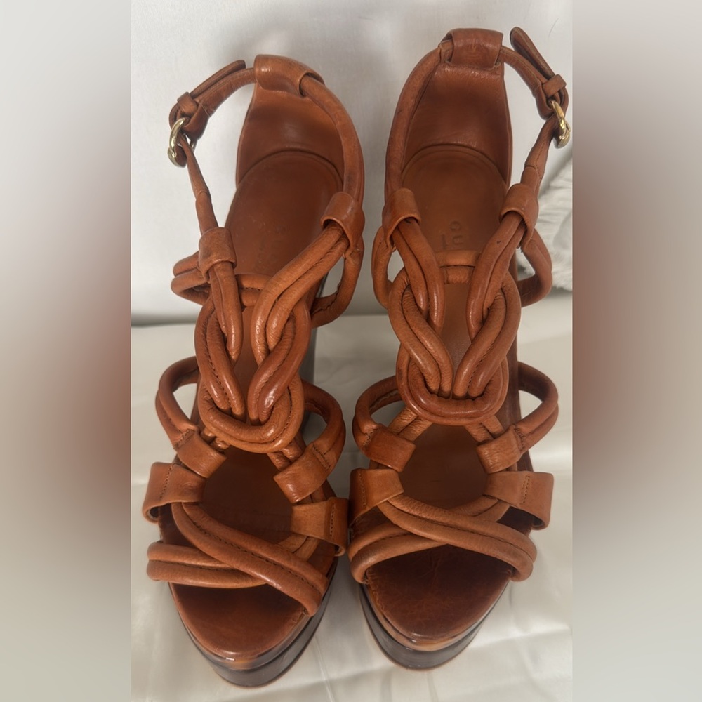 Gucci Brown Leather Wedge Sandals